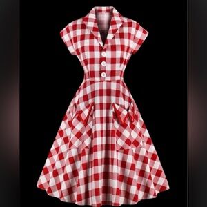 Vintage Red & White Gingham Swing Dress 50s Rockabilly Shirtwaist w/Bow Belt: M